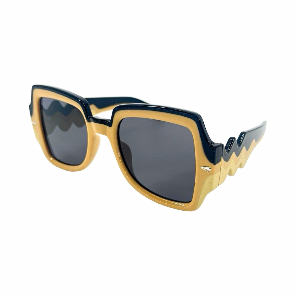 Oversized Square Sunglasses Black Tan Wavy Frame Retro 70s Mod Statement Boho